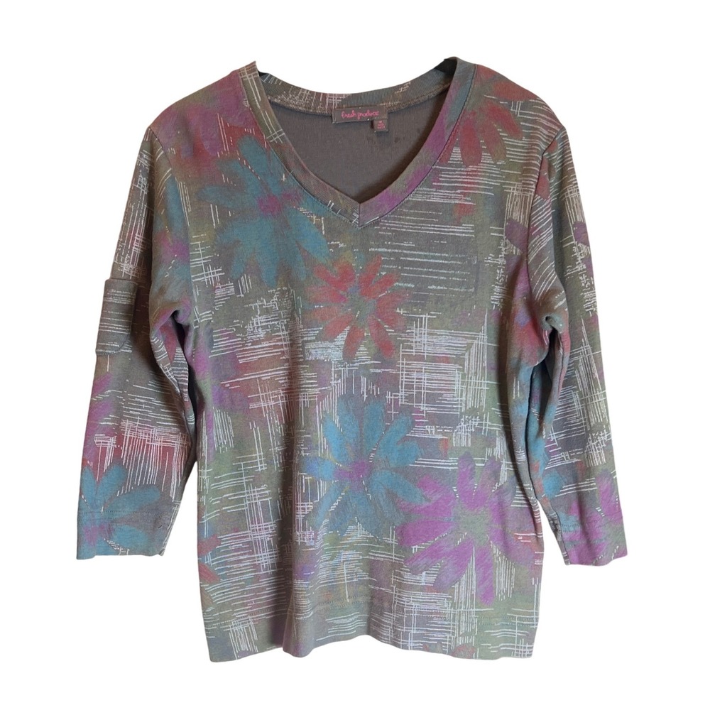 Fresh Produce Medium Gray Floral Ribbed Cotton Long Sleeve Top Made in USA